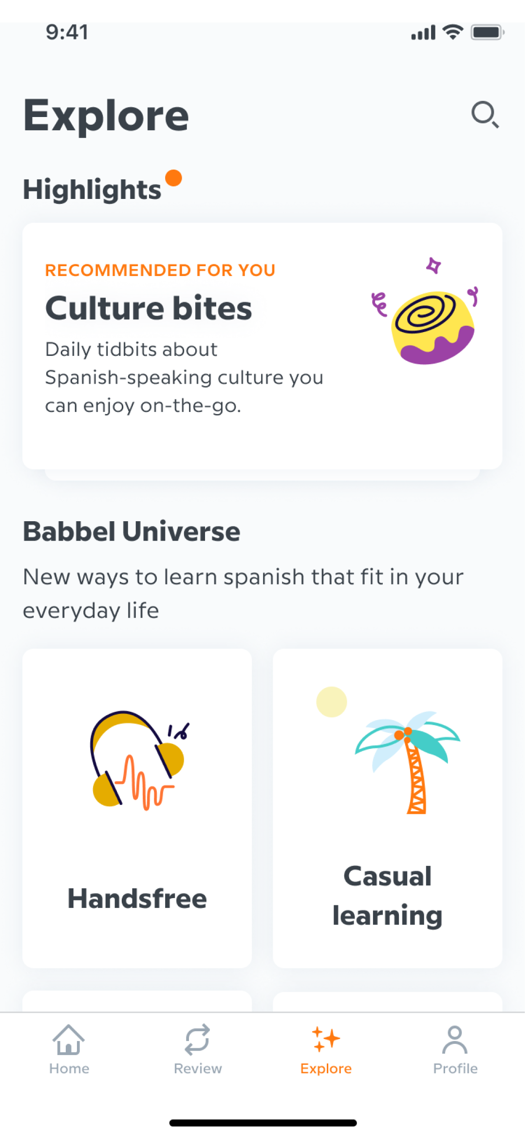 Babbel Explore tab